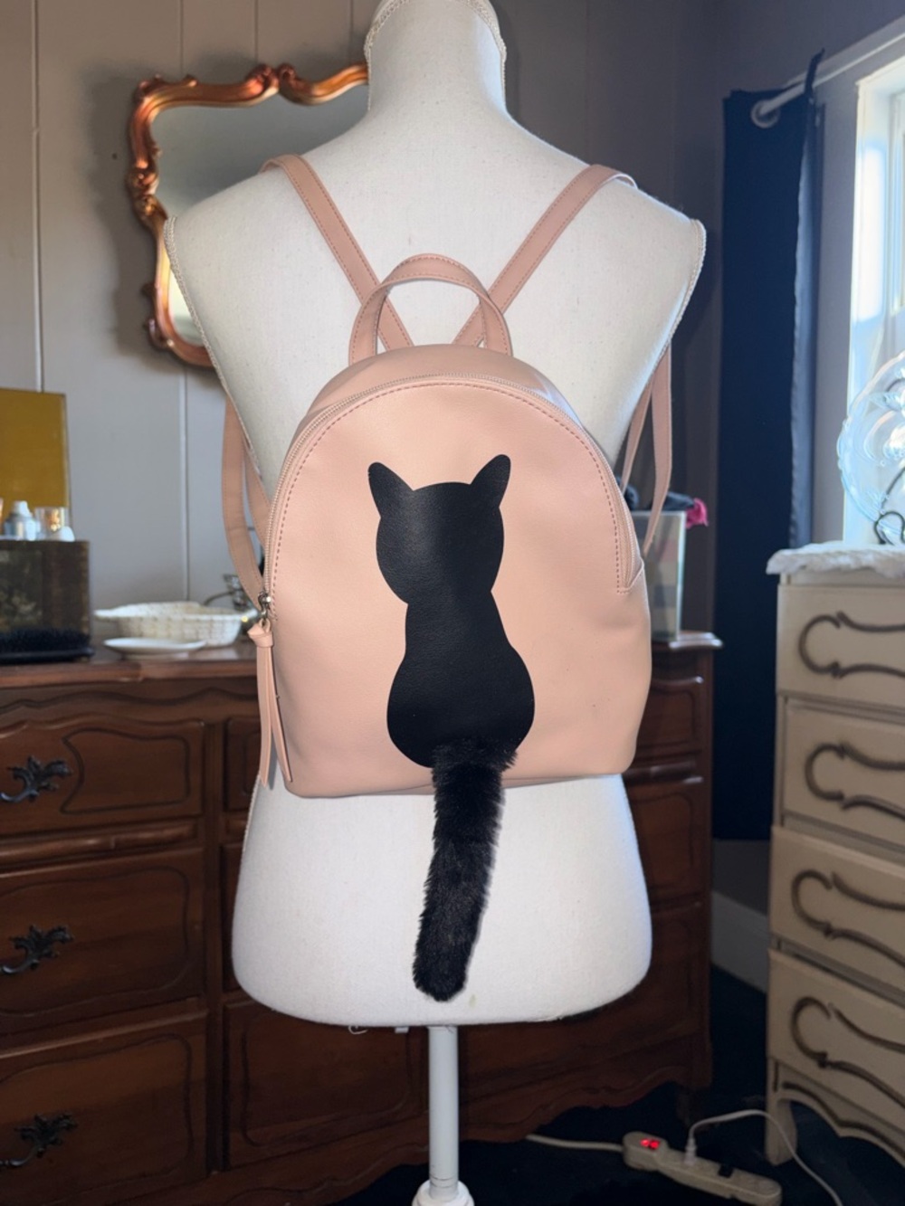 Pet Lover Faux-Tail Backpack - Blush Pink with Black Cat Silhouette